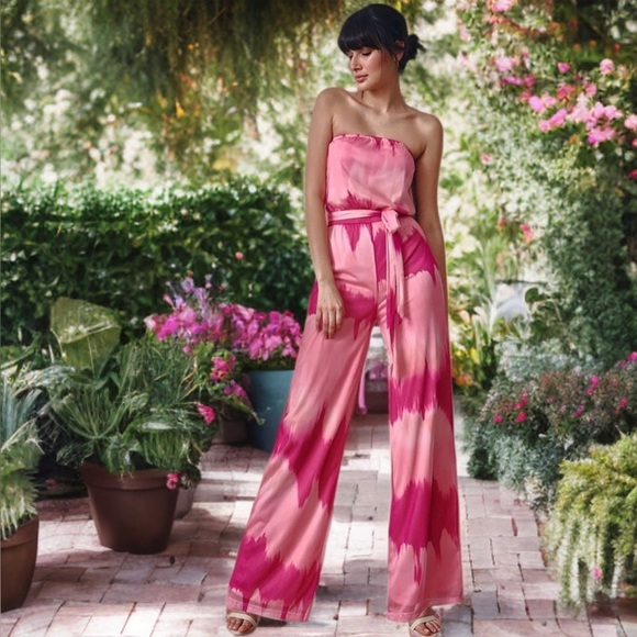 New York & Company Pants - New York & Co Sweet Pea Pink Tie-Dye Strapless Boho Wide-Leg Jumpsuit XS New